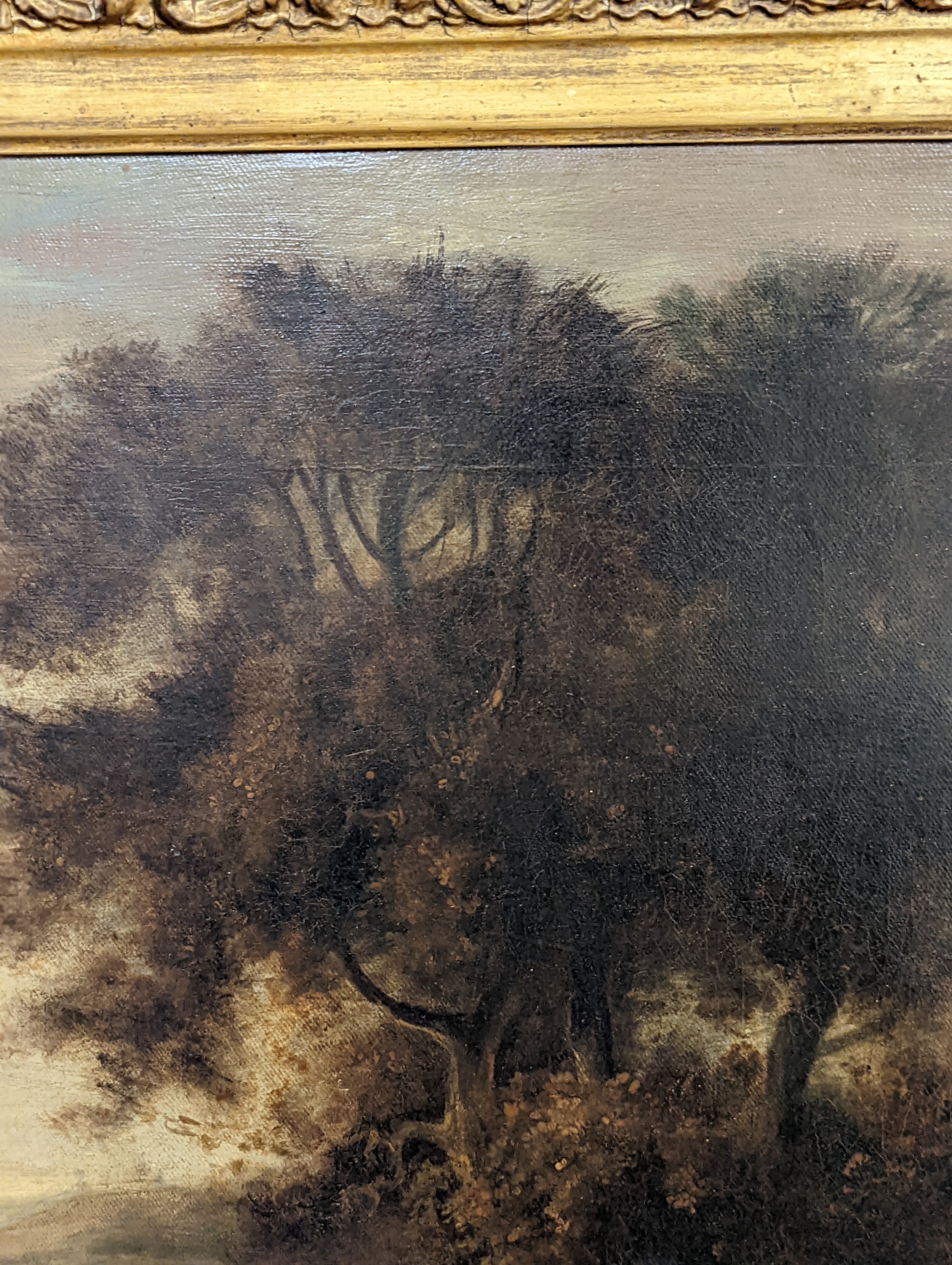 19th century English School, oil on canvas, Cattle watering in a landscape, 49 x 59cm